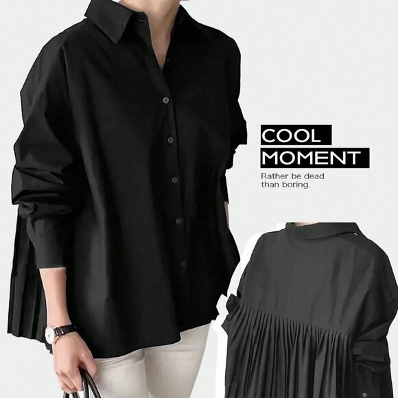 Black Casual Women's Loose Pleated Oversize Elegant Long-sleeved shirt - Picture 4 of 4